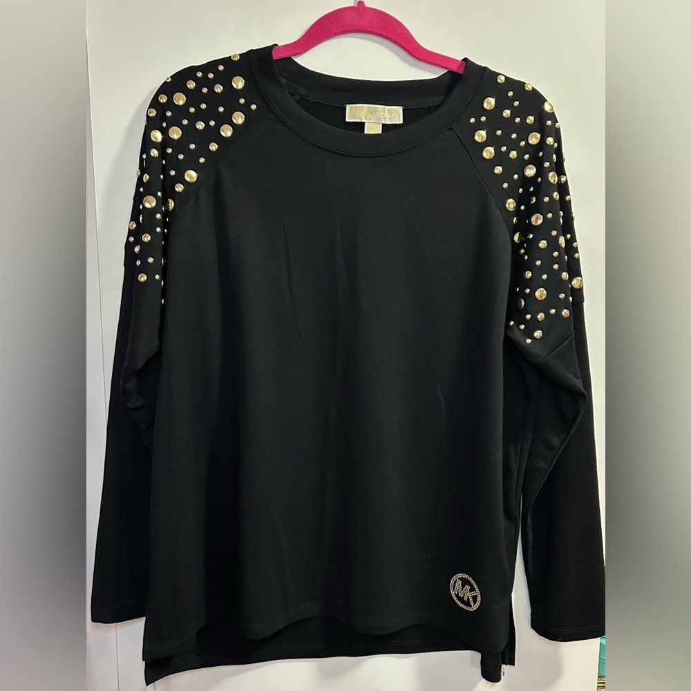 Michael Kors gold studded long sleeve black top